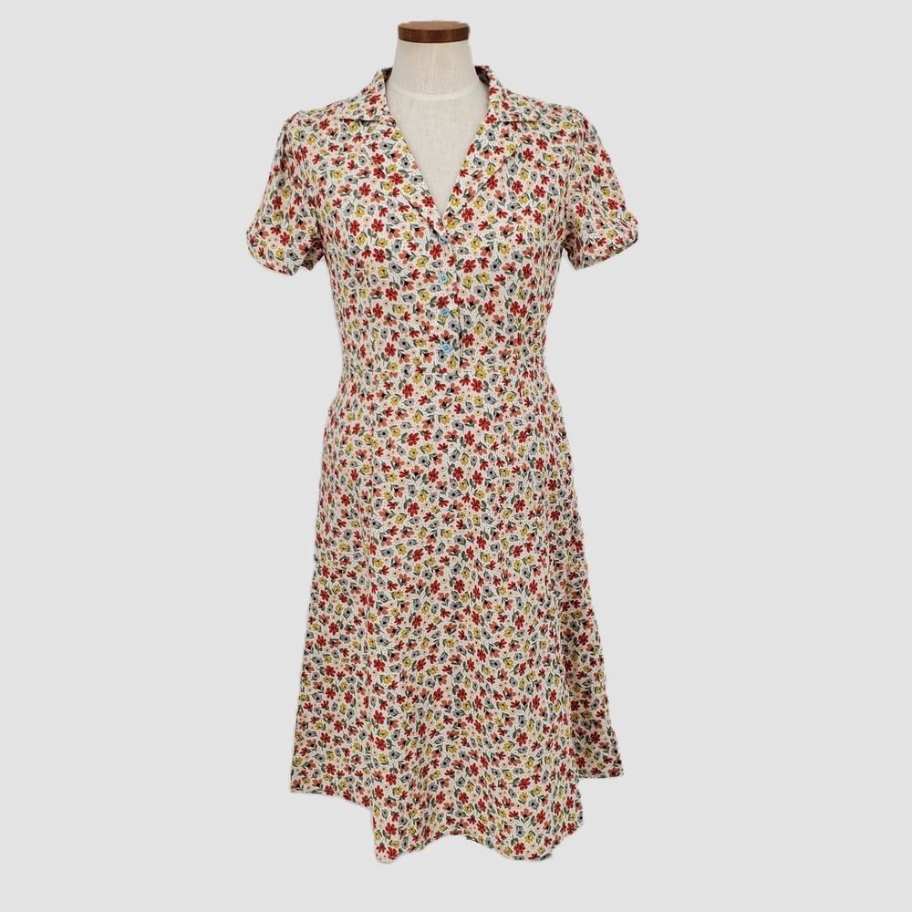 Tulip B Small Floral 100% Cotton Short Sleeve Button Front Tea Dress Pockets New